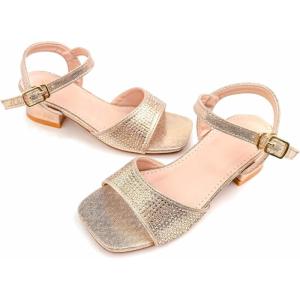 image:imageDADAWEN Girls Sandals High Heels Sparkly Rhinestone Dress Shoes Ankle Buckle Strap Square Toe Flower Girl Wedding Party Shoes for Toddler Little Big KidGold
