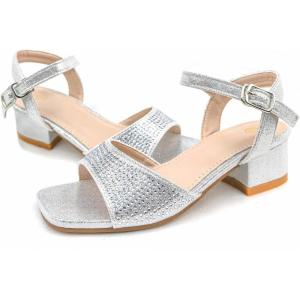 image:imageDADAWEN Girls Sandals High Heels Sparkly Rhinestone Dress Shoes Ankle Buckle Strap Square Toe Flower Girl Wedding Party Shoes for Toddler Little Big KidSilver