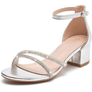 image:imageDADAWEN Womens Sparkly Rhinestone Strappy Heels Open Toe Ankle Buckle Strap Low Block Chunky Heels Dressy Sandals for Wedding PartySilver