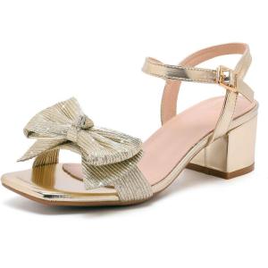 image:imageDADAWEN Womens Bow Heels Sandals Chunky Low Heels Open Square Toe Dressy Shoes Ankle Buckle Strap Sandals for Party WeddingGold