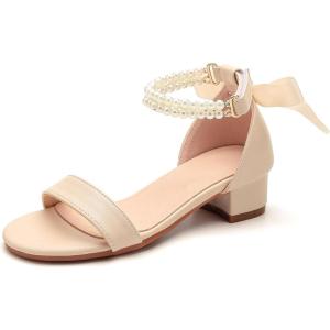 image:imageDADAWEN Girls Dress Shoes Open Toe Chunky Low Heels Sandals Bow Pearl Ankle Strap Flower Girl Wedding Party Shoes for Toddler Little Big KidNude