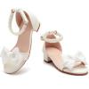 image:imageDADAWEN Girls Dress Shoes Sandals Chunky Low Heels Bow Pearl Ankle Strap Open Toe Flower Girl Wedding Party Shoes for Toddler Little Big KidWhite