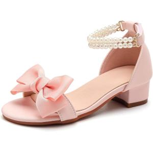 image:imageDADAWEN Girls Dress Shoes Sandals Chunky Low Heels Bow Pearl Ankle Strap Open Toe Flower Girl Wedding Party Shoes for Toddler Little Big KidPink
