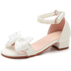 image:imageDADAWEN Girls Dress Shoes Sandals Chunky Low Heels Bow Pearl Ankle Strap Open Toe Flower Girl Wedding Party Shoes for Toddler Little Big KidWhite