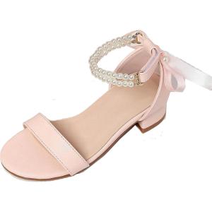 image:imageDADAWEN Girls Dress Shoes Open Toe Chunky Low Heels Sandals Bow Pearl Ankle Strap Flower Girl Wedding Party Shoes for Toddler Little Big KidPink