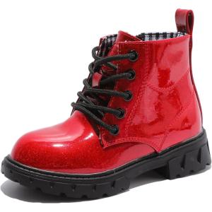image:imageDADAWEN Boys Girls Glitter Ankle Boots Lace Up Waterproof Combat Shoes With Side Zipper for ToddlerLittle KidBig Kid01 RedGlitter