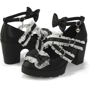 image:imageDADAWEN Womens Kawaii Mary Jane Chunky Low Block Heels Pumps with Bow Lace Comfortable Round Toe Ankle Strap Cosplay Wedding School Party Dress ShoesBlack