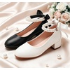 image:imageDADAWEN Girls Dress Shoes Mary Jane Pumps Chunky Low Heels Bow Pearl Ankle Strap Flower Girl Wedding Party Princess Shoes for Toddler Little Big KidBlack