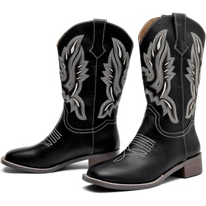 image:imageDADAWEN Womens Cowboy Boots Mid Calf Cowgirl Boots Embroidered Square Toe Pull On Western BootsBlack