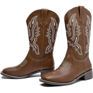 image:imageDADAWEN Womens Cowboy Boots Mid Calf Cowgirl Boots Embroidered Square Toe Pull On Western BootsBrown