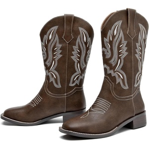 image:imageDADAWEN Womens Cowboy Boots Mid Calf Cowgirl Boots Embroidered Square Toe Pull On Western BootsDark Brown