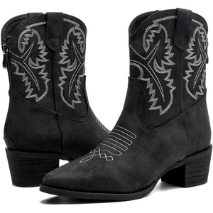 image:imageDADAWEN Western Boots For Women Embroidered Pointed Toe Cowgirl Boots Chunky Heel Cowboy Boots Pull On Outdoor Mid Calf BootiesBlack