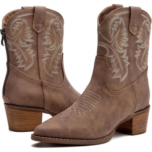 image:imageDADAWEN Western Boots For Women Embroidered Pointed Toe Cowgirl Boots Chunky Heel Cowboy Boots Pull On Outdoor Mid Calf BootiesBrown