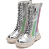 image:imageDADAWEN Boys Girls Riding Boots Knee High Kids Sparkly Rainbow LaceUp Waterproof Side Zipper Mid Calf Combat Winter Boots for ToddlerLittle KidBig KidSilver