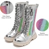 image:imageDADAWEN Boys Girls Riding Boots Knee High Kids Sparkly Rainbow LaceUp Waterproof Side Zipper Mid Calf Combat Winter Boots for ToddlerLittle KidBig KidSilver