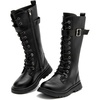 image:imageDADAWEN Boys Girls Knee High Boots Buckle Fashion Side Zipper Lace Up Combat Boots Winter Tall Riding Boots for ToddlerLittle KidBig KidBlack