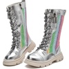 image:imageDADAWEN Boys Girls Riding Boots Knee High Kids Sparkly Rainbow LaceUp Waterproof Side Zipper Mid Calf Combat Winter Boots for ToddlerLittle KidBig KidSilver