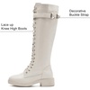 image:imageDADAWEN Womens Knee High Combat Boots with Side Zipper Low Chunky Heel Lace Up Fashion Buckle Fall Long Tall Riding Boots for WomenWhite