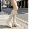 image:imageDADAWEN Womens Knee High Combat Boots with Side Zipper Low Chunky Heel Lace Up Fashion Buckle Fall Long Tall Riding Boots for WomenWhite