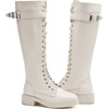 image:imageDADAWEN Womens Knee High Combat Boots with Side Zipper Low Chunky Heel Lace Up Fashion Buckle Fall Long Tall Riding Boots for WomenWhite