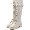 image:imageDADAWEN Womens Knee High Combat Boots with Side Zipper Low Chunky Heel Lace Up Fashion Buckle Fall Long Tall Riding Boots for WomenWhite