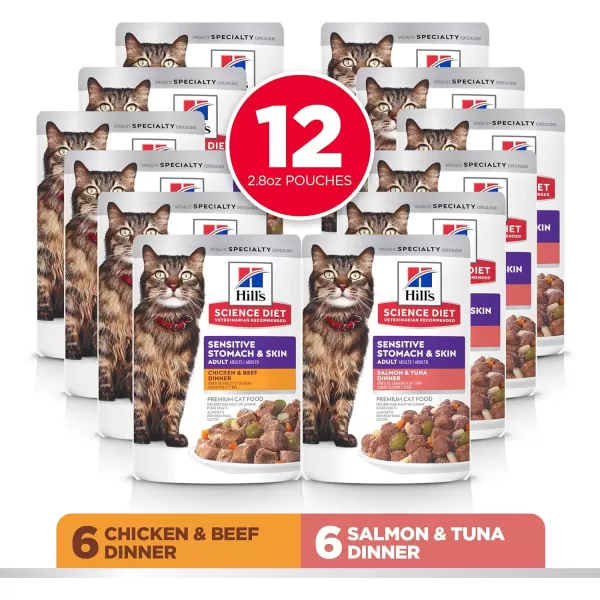 imageHills Science Diet Adult Sensitive Stomach amp Skin Wet Cat Food Pouch Variety Pack Chicken amp Beef Tuna amp Salmon 28 oz 12PackVariety Pack