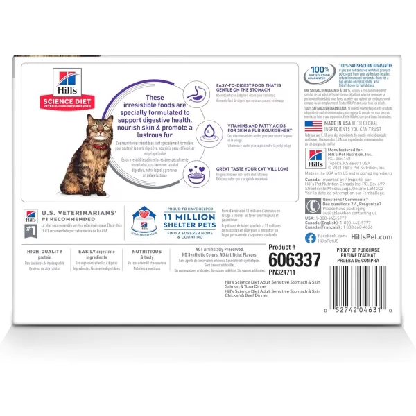imageHills Science Diet Adult Sensitive Stomach amp Skin Wet Cat Food Pouch Variety Pack Chicken amp Beef Tuna amp Salmon 28 oz 12PackVariety Pack