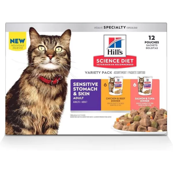 imageHills Science Diet Adult Sensitive Stomach amp Skin Wet Cat Food Pouch Variety Pack Chicken amp Beef Tuna amp Salmon 28 oz 12PackVariety Pack