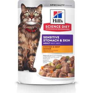 imageHills Science Diet Sensitive Stomach ampamp Skin Adult 16 Stomach ampamp Skin Sensitivity Support Wet Cat Food Variety Case Chicken ampamp Beef Salmon ampamp Tuna Stew 28 oz Pouch Variety Case Case of 12Chicken  Beef Stew